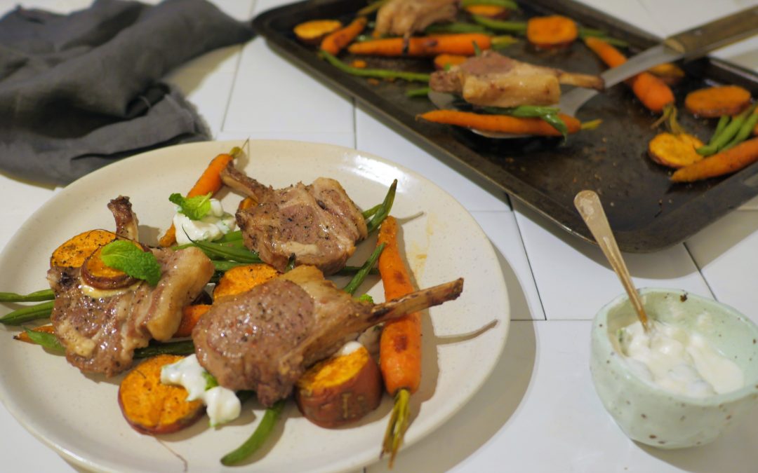 One Pan Meal – Baked Lamb Chops with Roasted Vegetables and Mint Yoghurt Dressing